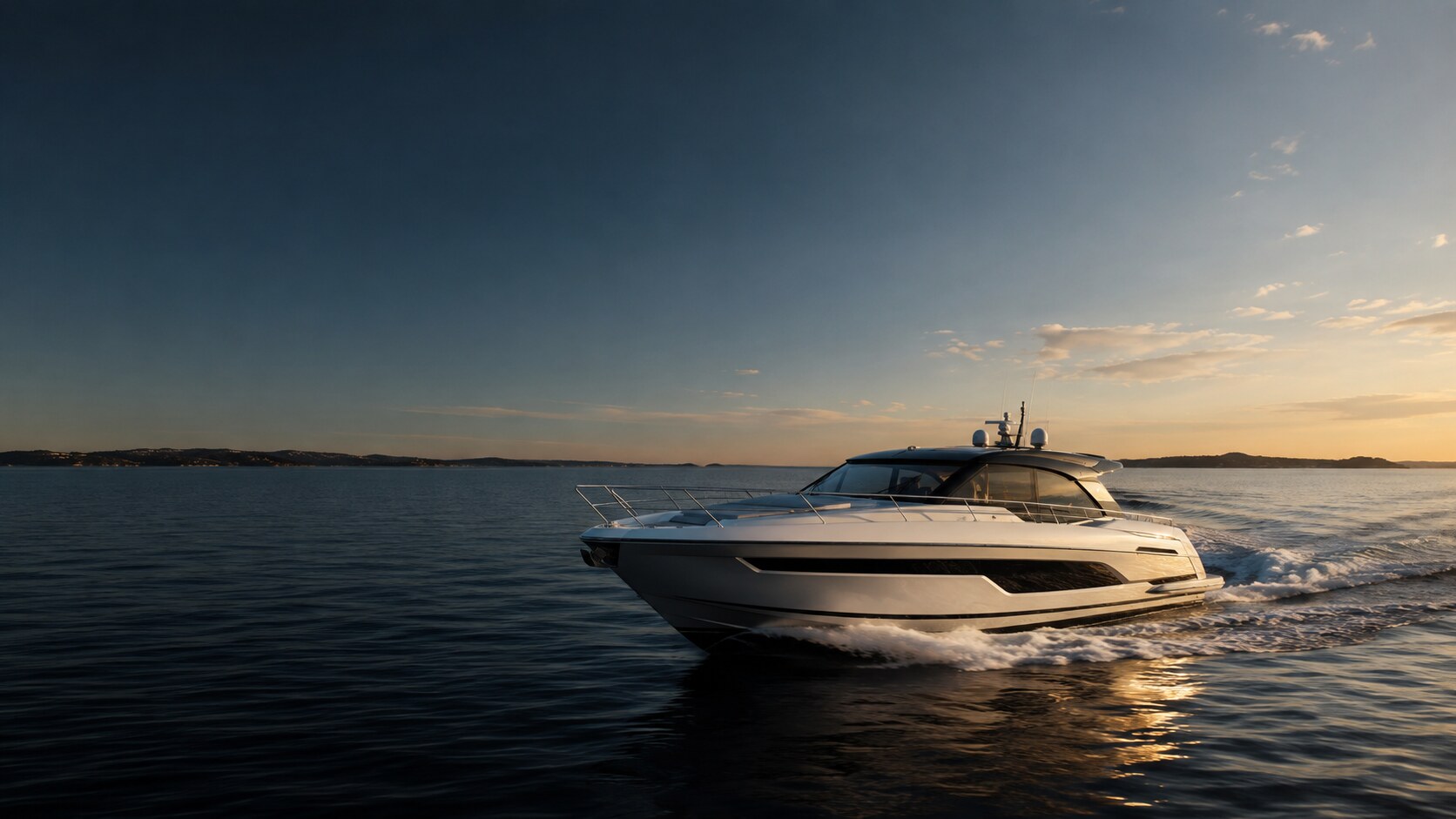 Modern sports motorboat underway at golden hour