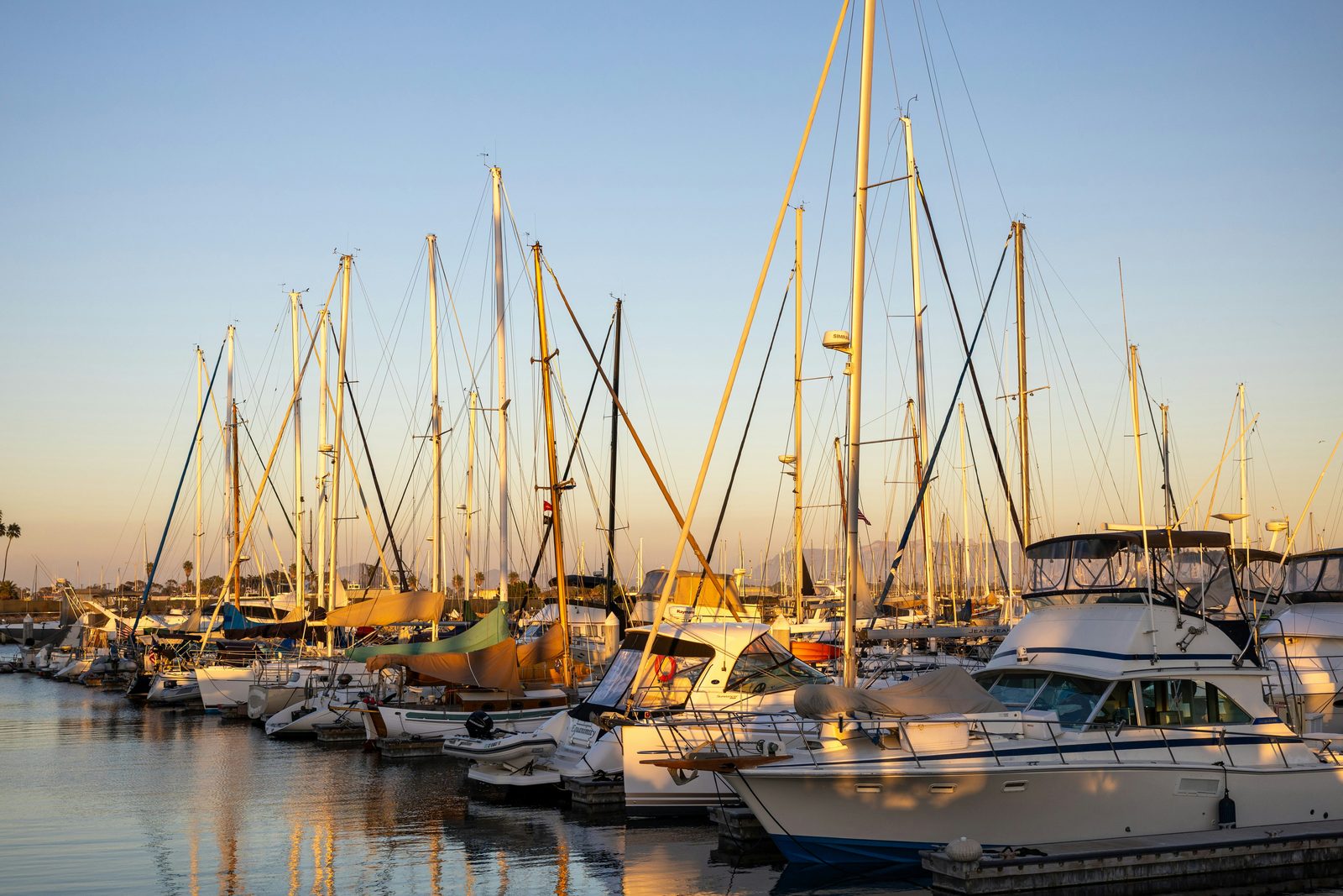 Motor yachts and sailing boats moored in a UK marina at sunset
